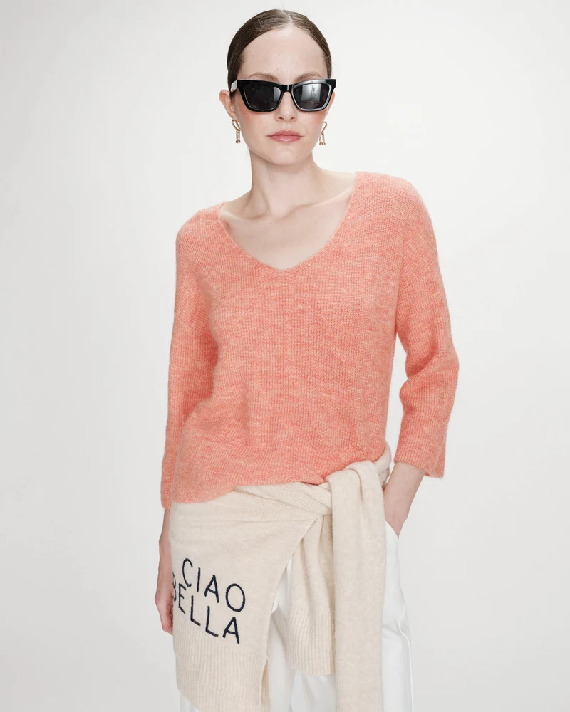 Pull oversize manches 3/4 col V corail Vicenzo