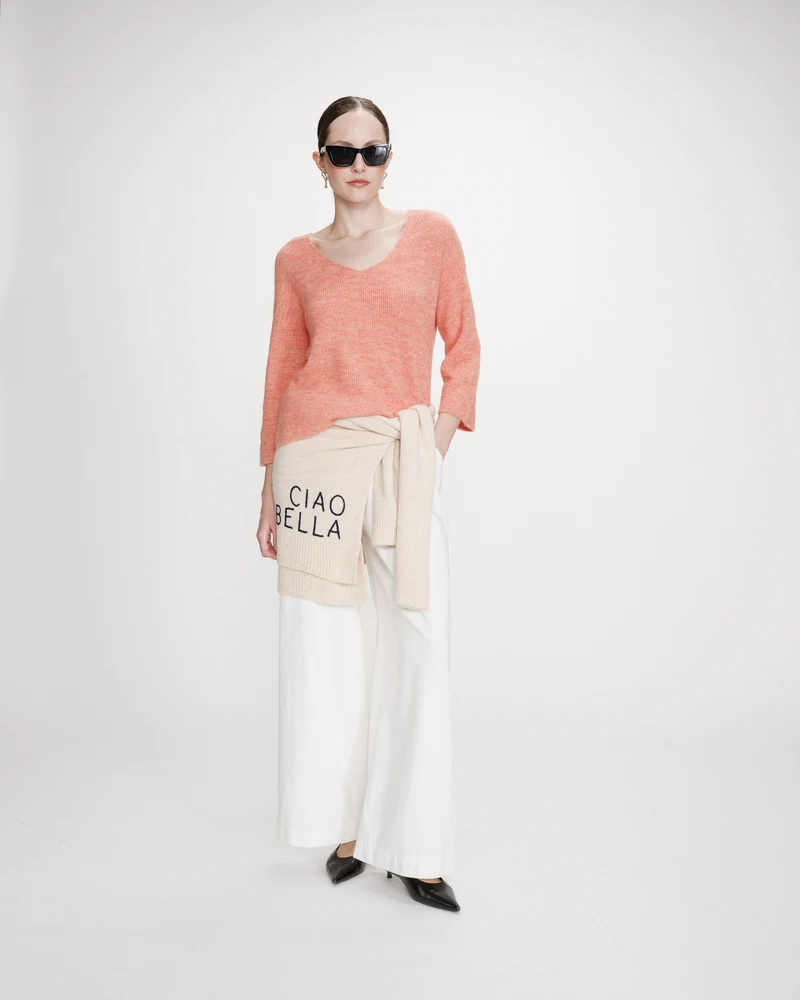 Pull oversize manches 3/4 col V corail Vicenzo