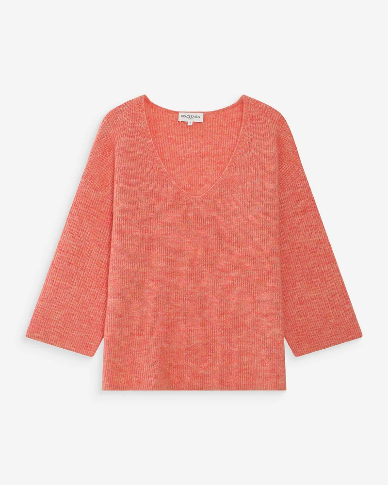 Pull oversize manches 3/4 col V corail Vicenzo