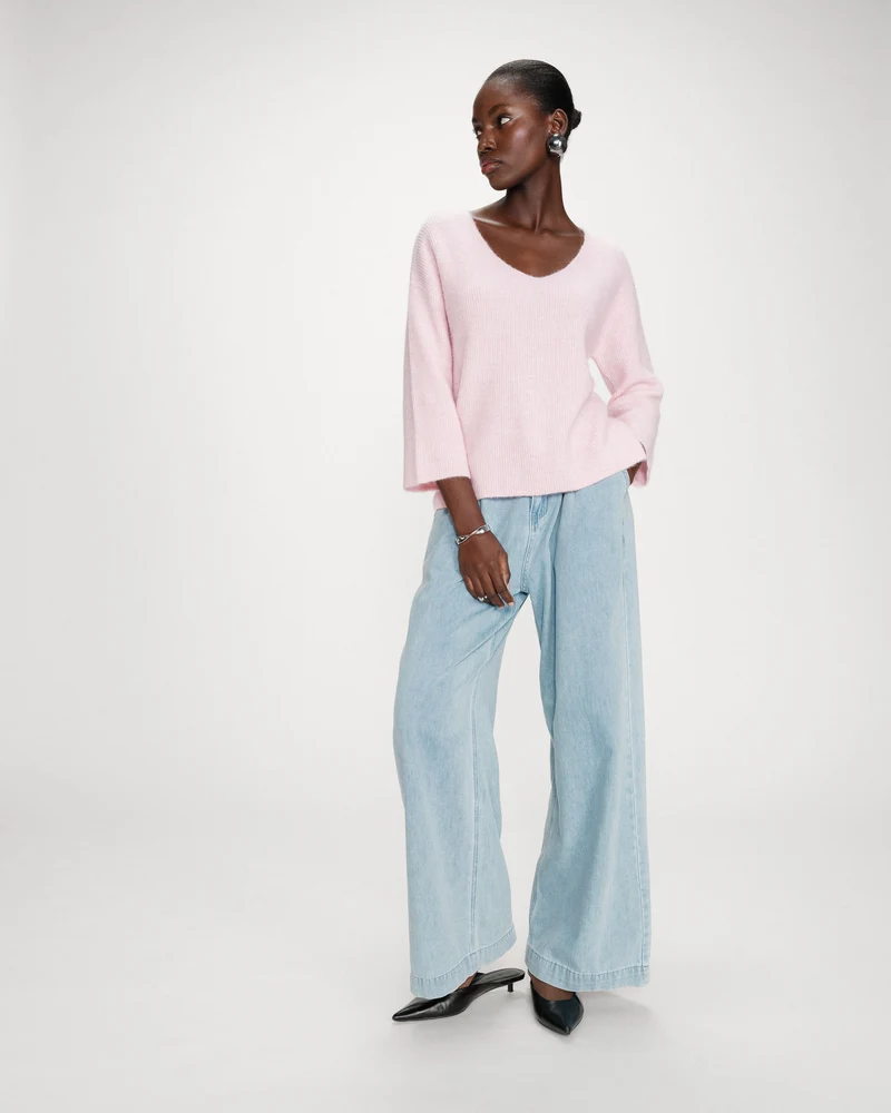 Pull oversize manches 3/4 col V rose Vicenzo