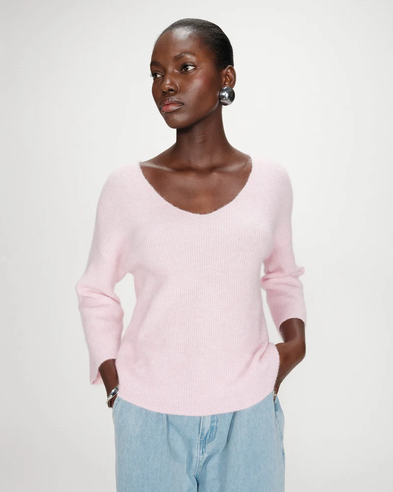 Pull oversize manches 3/4 col V rose Vicenzo