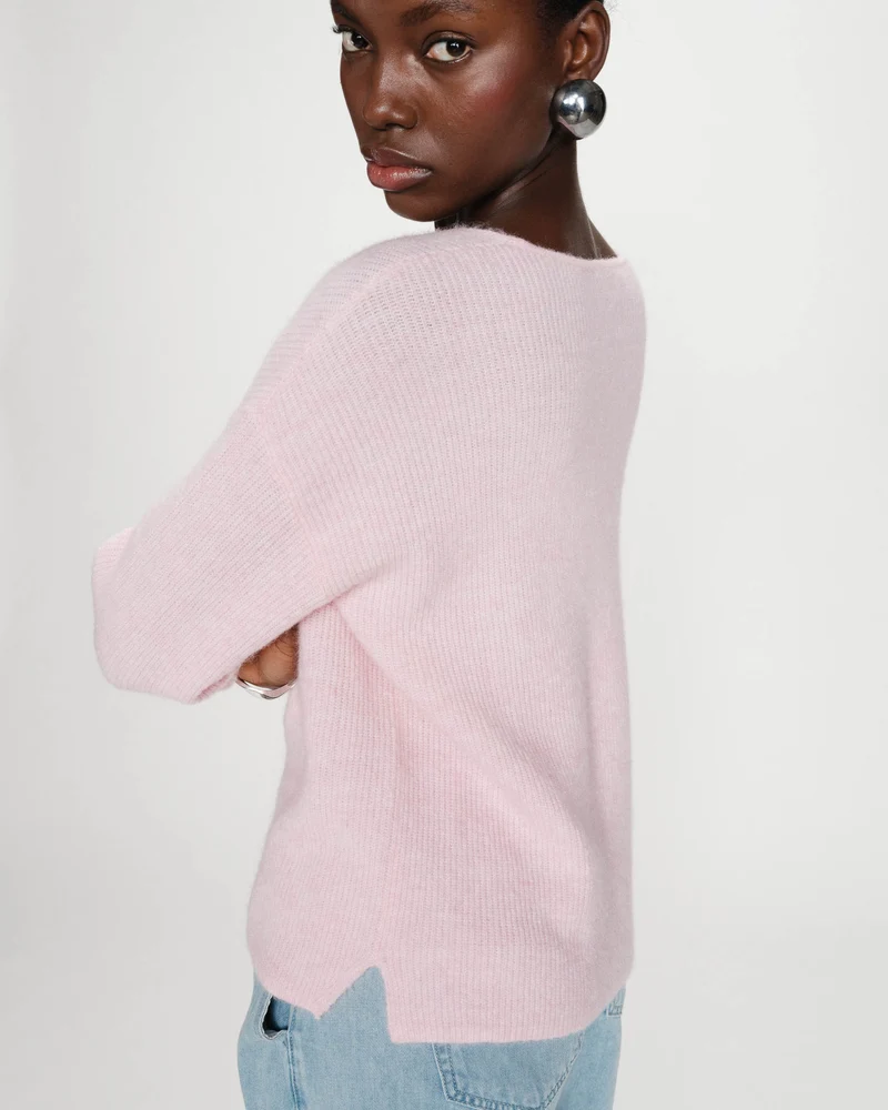 Pull oversize manches 3/4 col V rose Vicenzo