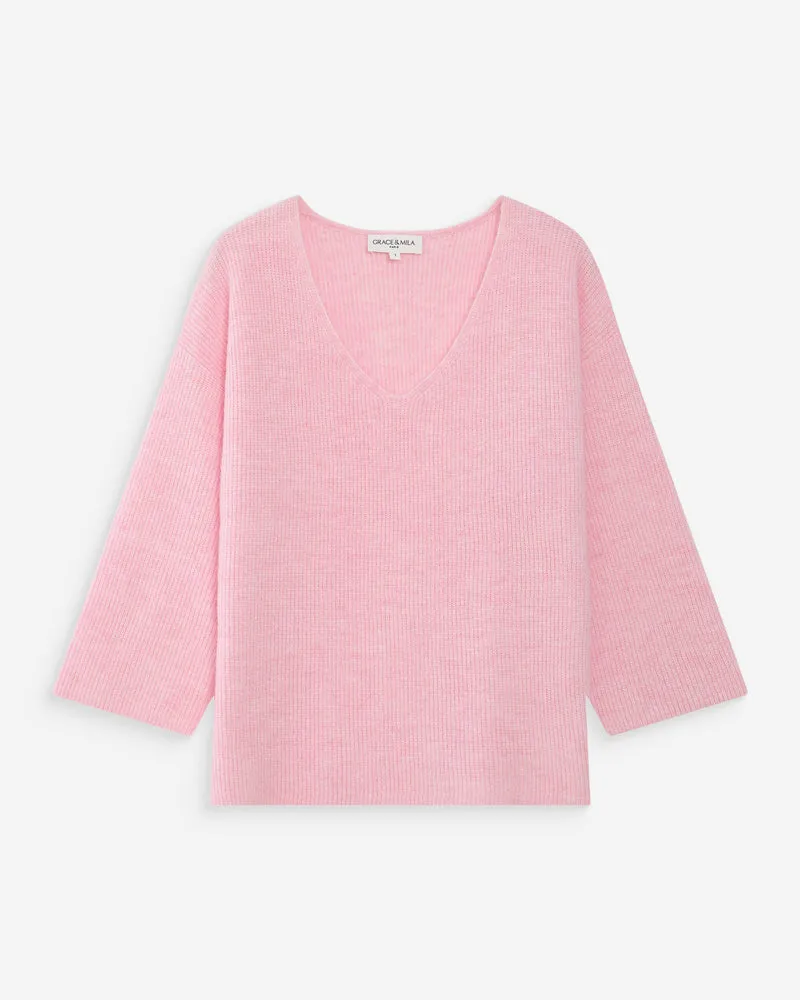 Pull oversize manches 3/4 col V rose Vicenzo
