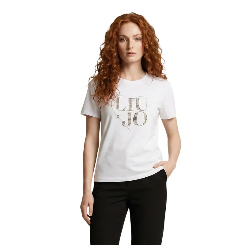 Liu Jo Femmes T-shirt court à manches courtes col rond en coton blanc WA6489