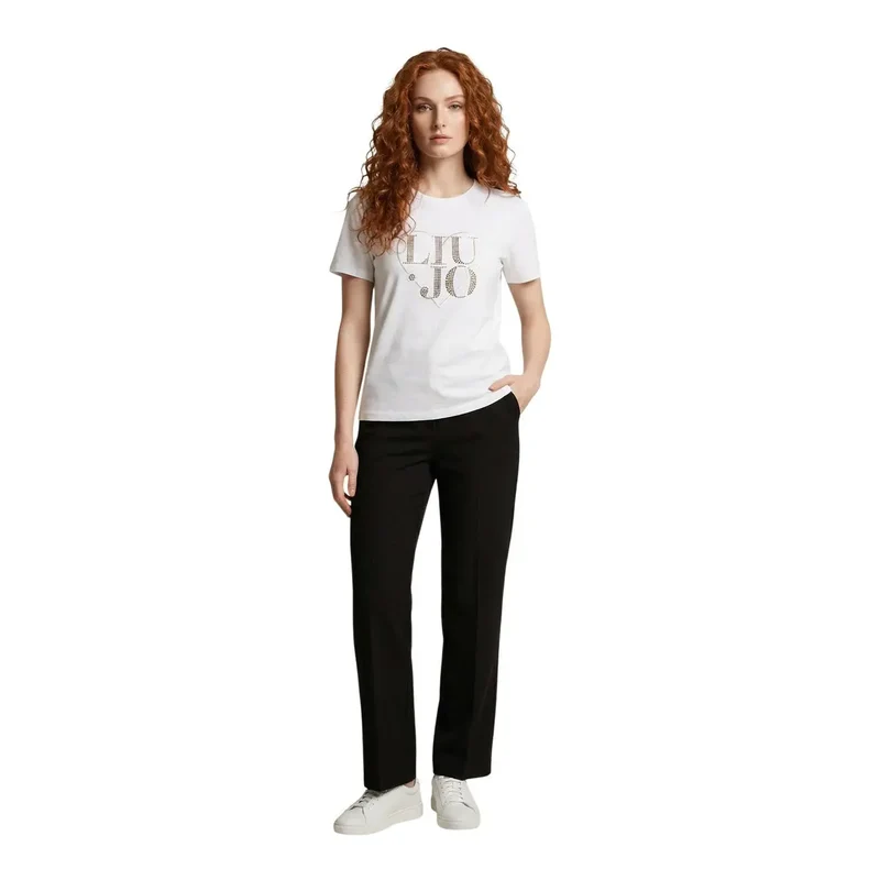 Liu Jo Femmes T-shirt court à manches courtes col rond en coton blanc WA6489