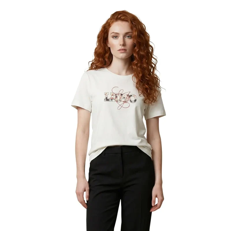 T-shirt pour femmes Liu Jo en coton à manches courtes, col rond, beige