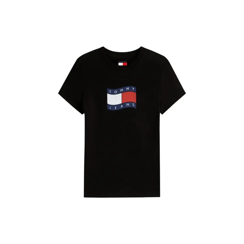 T-shirt pour femme Tommy Hilfiger en coton biologique noir, à encolure ronde