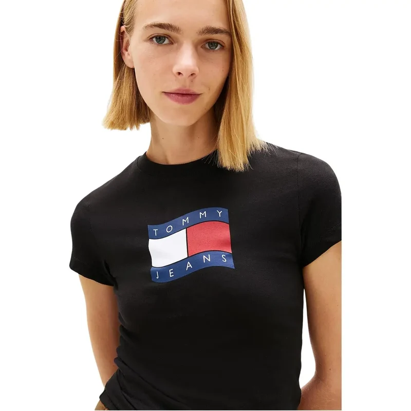 T-shirt pour femme Tommy Hilfiger en coton biologique noir, à encolure ronde