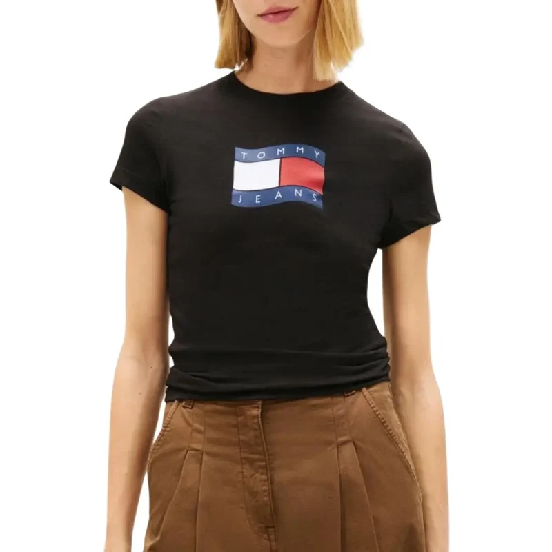 T-shirt pour femme Tommy Hilfiger en coton biologique noir, à encolure ronde