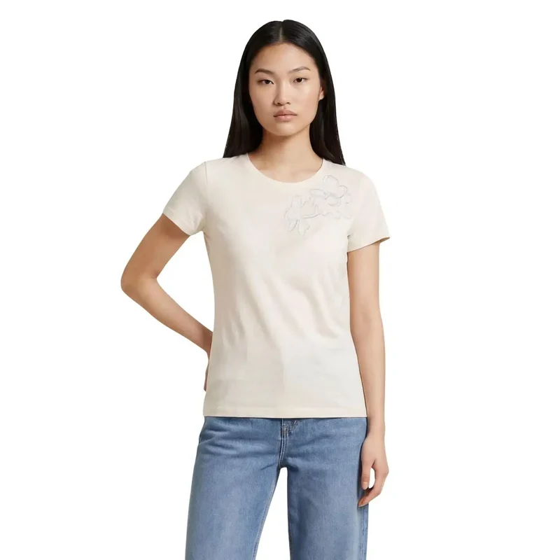 Haut T-shirt à manches courtes en coton beige pour femmes, col rond, Liu Jo TA6155