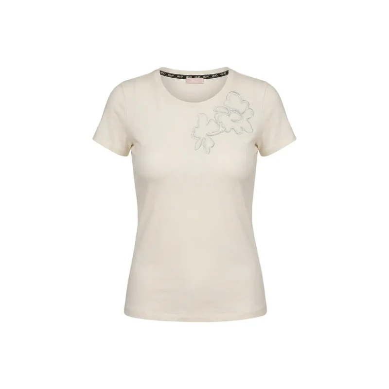 Haut T-shirt à manches courtes en coton beige pour femmes, col rond, Liu Jo TA6155