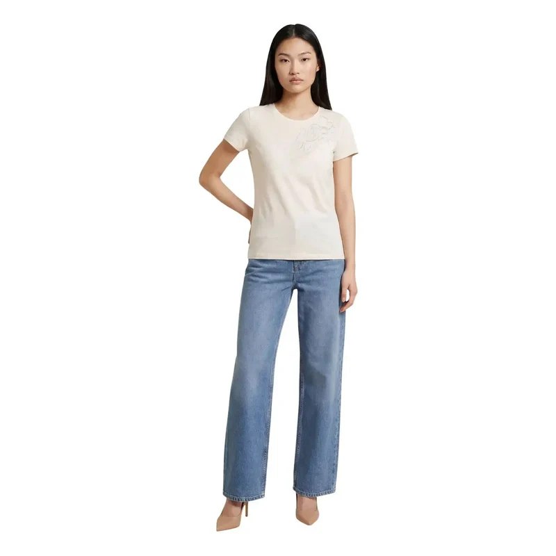 Haut T-shirt à manches courtes en coton beige pour femmes, col rond, Liu Jo TA6155