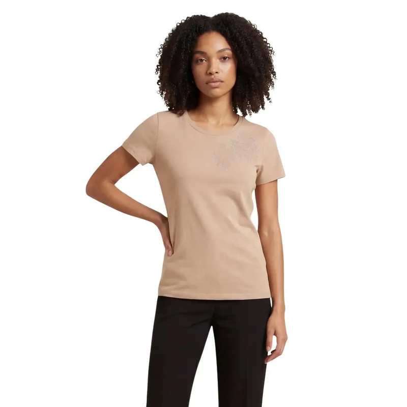 Haut T-shirt à manches courtes en coton beige pour femmes, col rond, Liu Jo TA6155