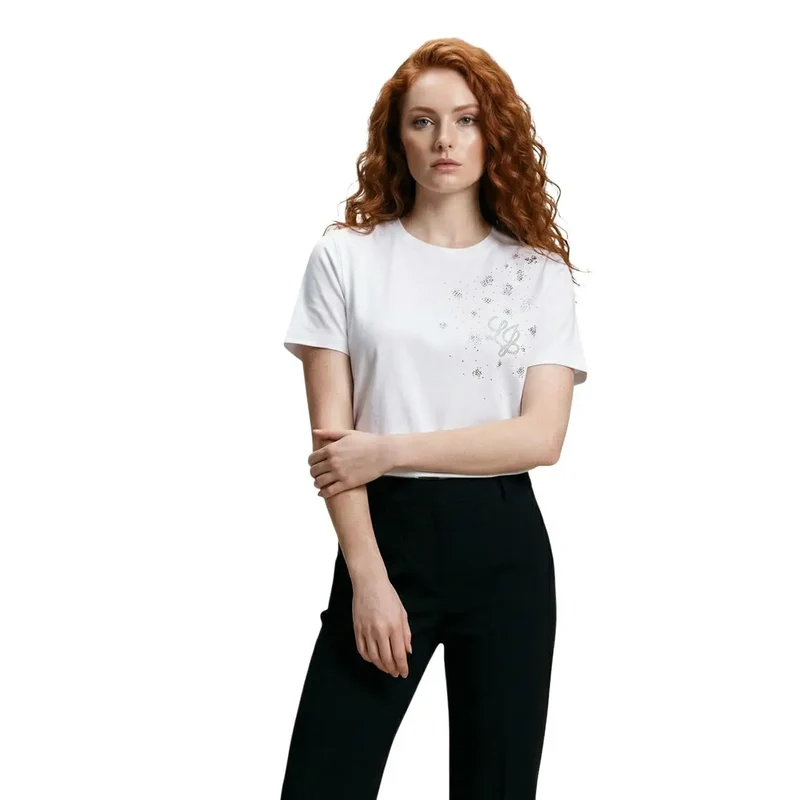 Haut pour femmes Liu Jo en coton, col rond, en t-shirt blanc, orné de strass