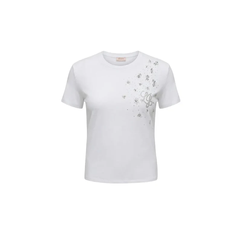 Haut pour femmes Liu Jo en coton, col rond, en t-shirt blanc, orné de strass