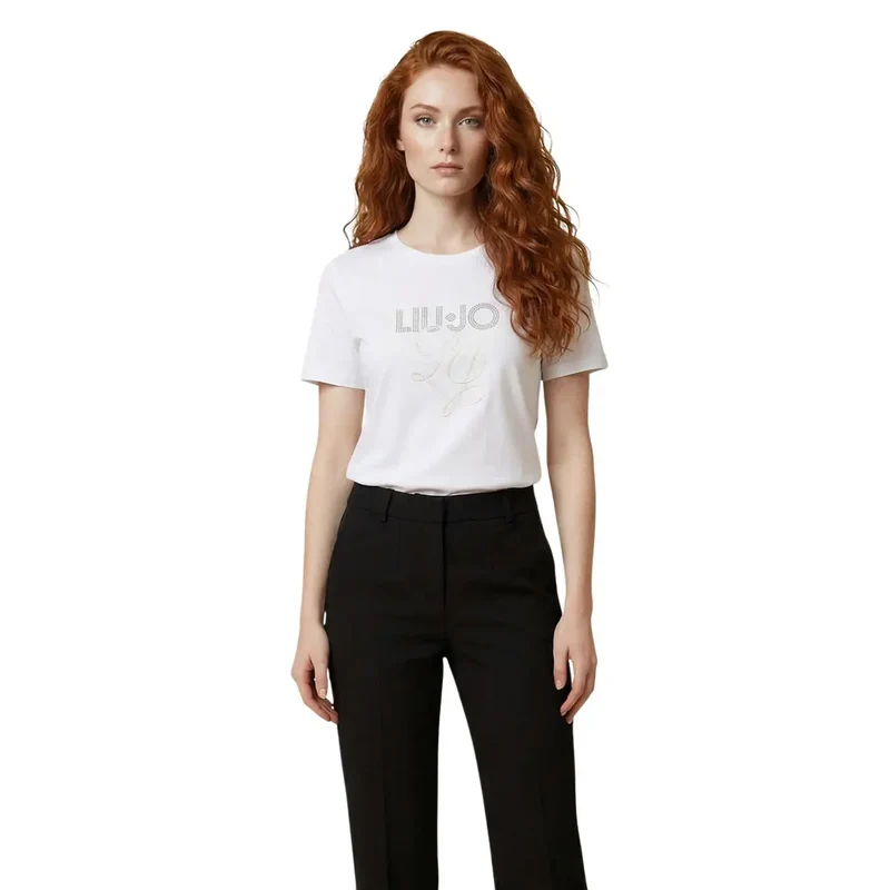 Haut pour femmes Liu Jo en coton, col rond, en t-shirt blanc, orné de strass
