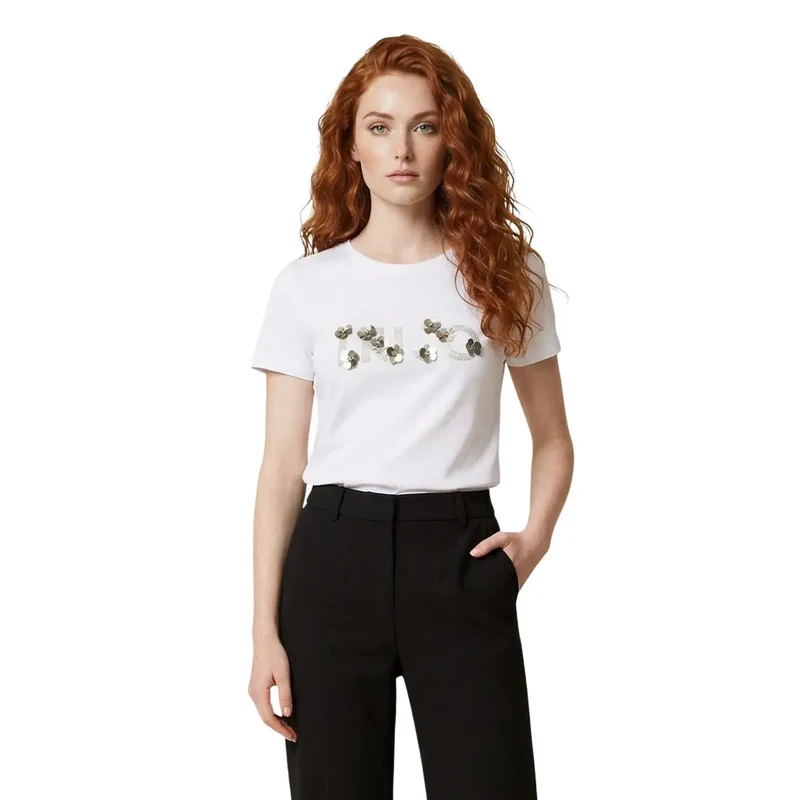 Haut pour femmes Liu Jo en coton, col rond, en t-shirt blanc, orné de strass
