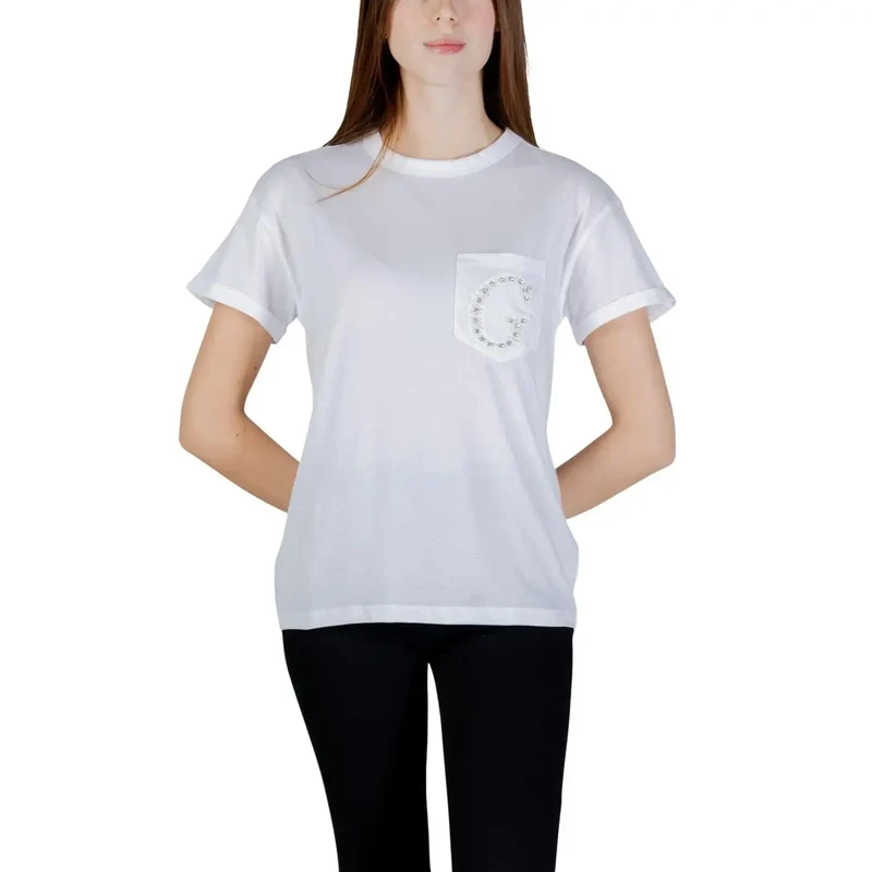 T-shirt en coton pour femmes à col rond, blanc, poche unique