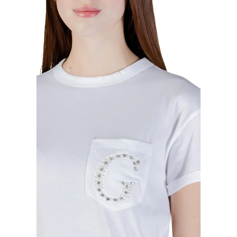 T-shirt en coton pour femmes à col rond, blanc, poche unique