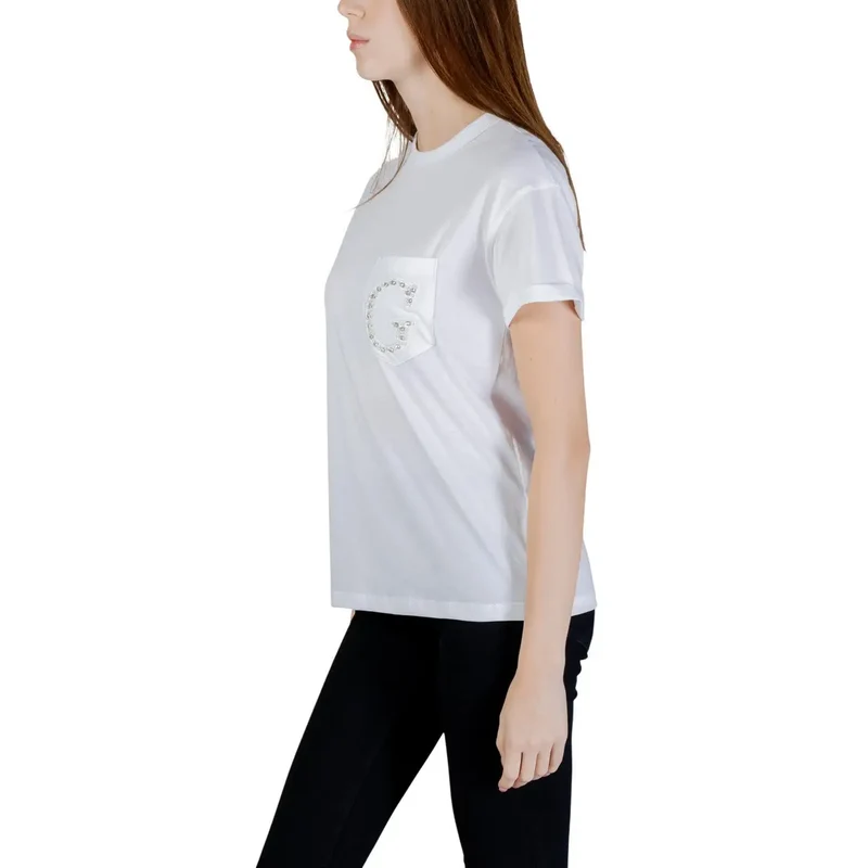 T-shirt en coton pour femmes à col rond, blanc, poche unique