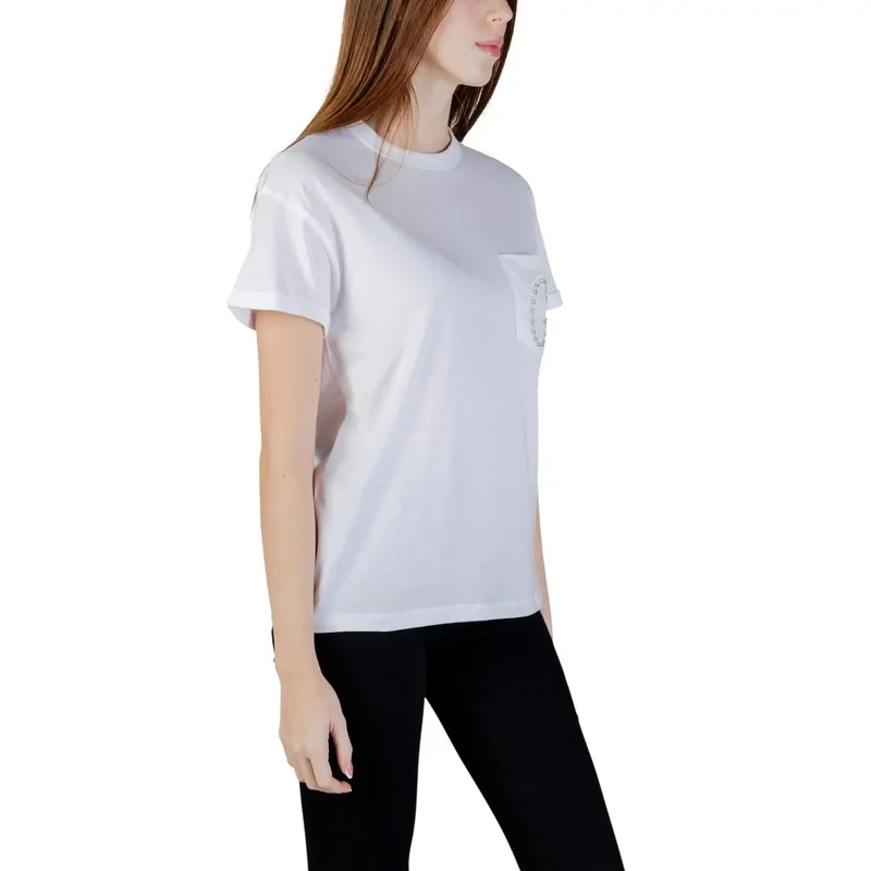 T-shirt en coton pour femmes à col rond, blanc, poche unique