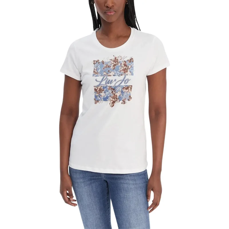 T-shirt court pour femme Liu Jo en coton blanc, à col rond