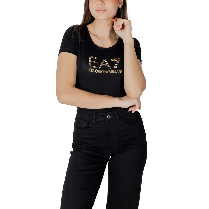T-shirt court à col rond en coton modal pour femme EA7, noir