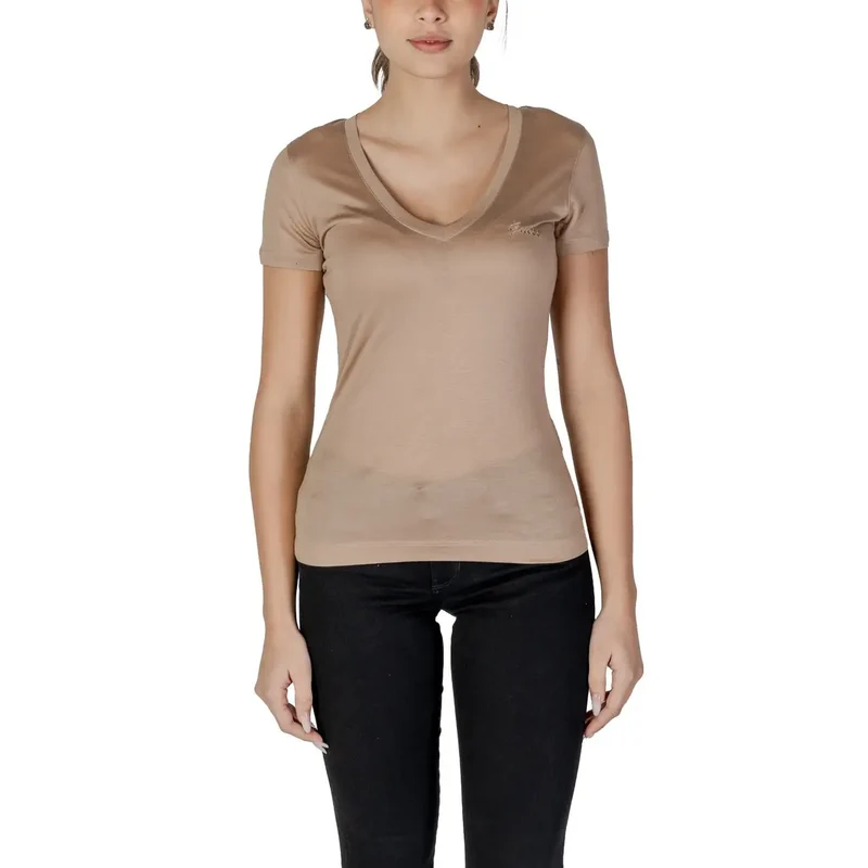 Chemisier pour femme beige à col en V, en lyocell, manches courtes