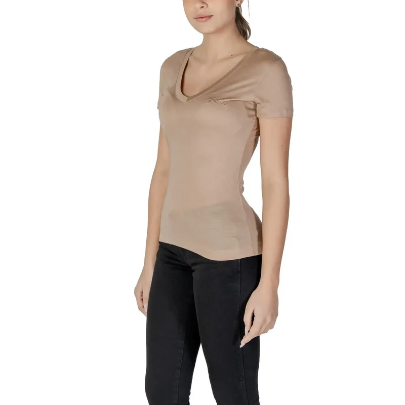 Chemisier pour femme beige à col en V, en lyocell, manches courtes