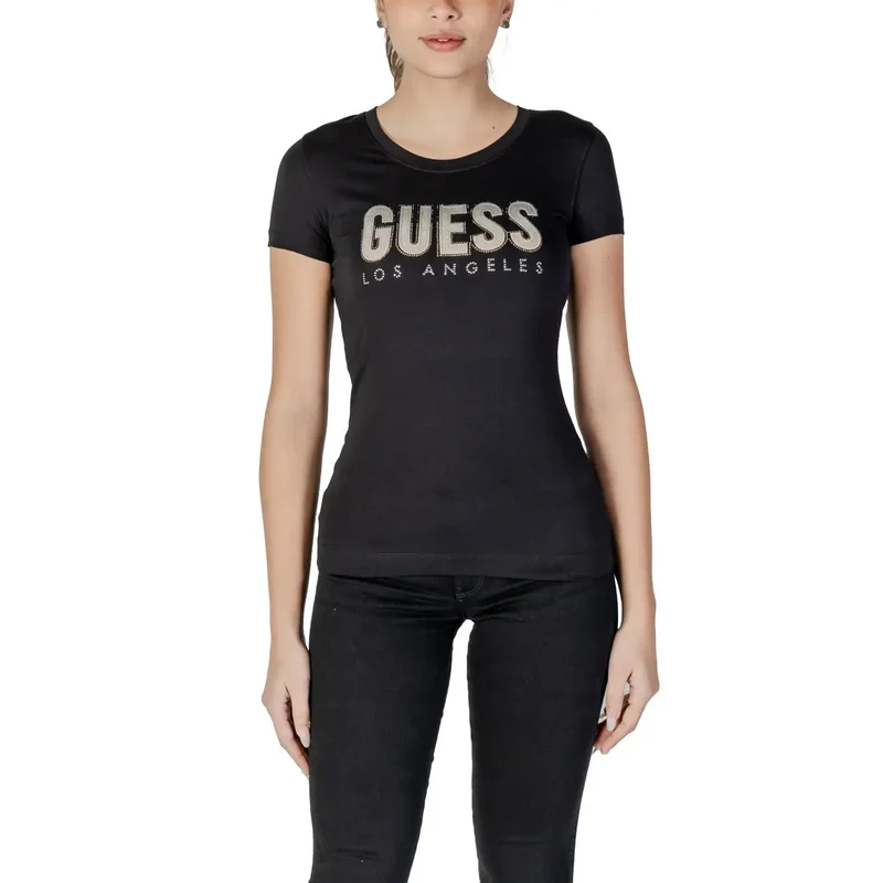 T-shirt Guess pour femme, en coton noir, à col rond et strass
