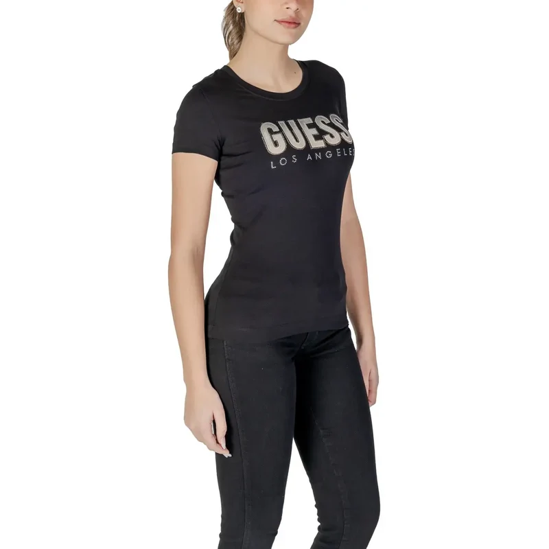 T-shirt Guess pour femme, en coton noir, à col rond et strass