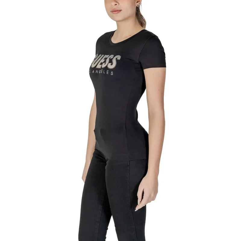 T-shirt Guess pour femme, en coton noir, à col rond et strass