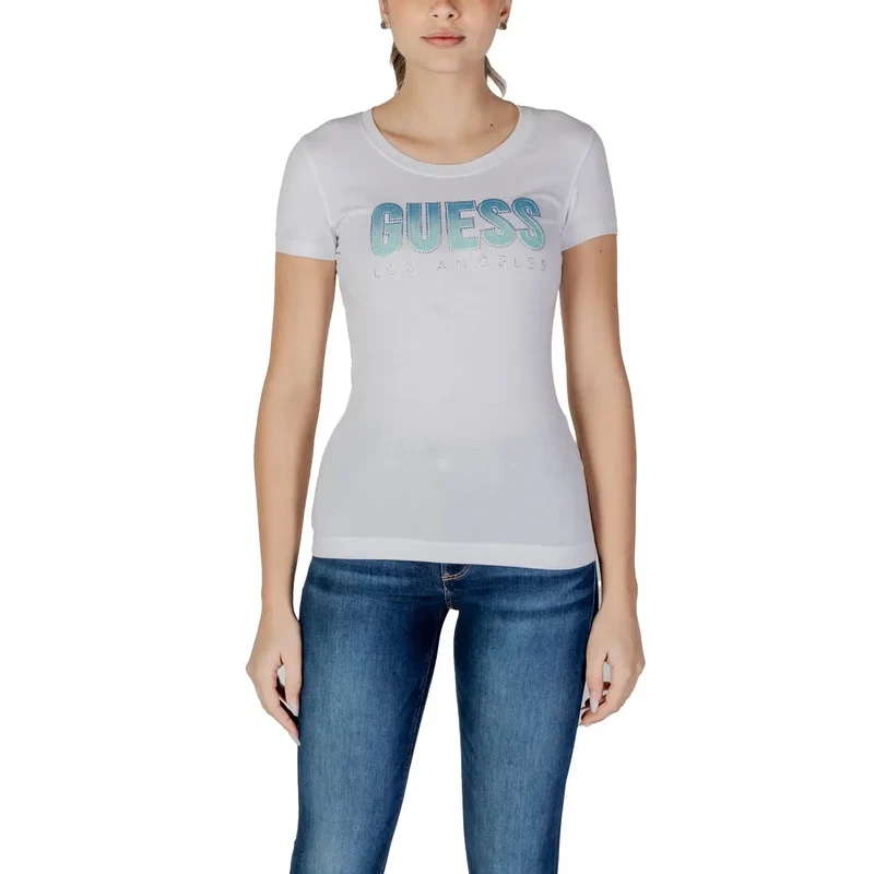 T-shirt Guess pour femme, en coton noir, à col rond et strass