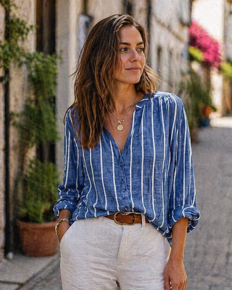 Tifanny Blouse Femme Ample – Haut Col V avec Boutons, Manches Retroussées & Style Casual