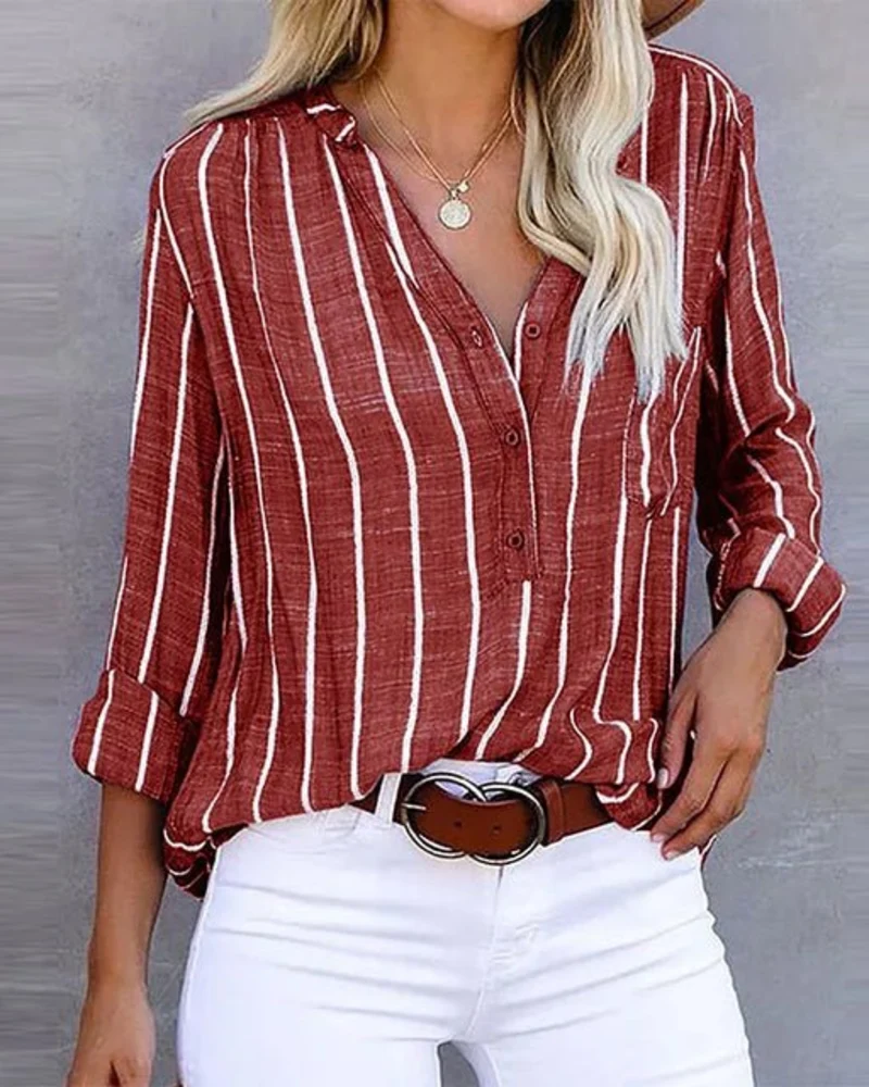 Tifanny Blouse Femme Ample – Haut Col V avec Boutons, Manches Retroussées & Style Casual