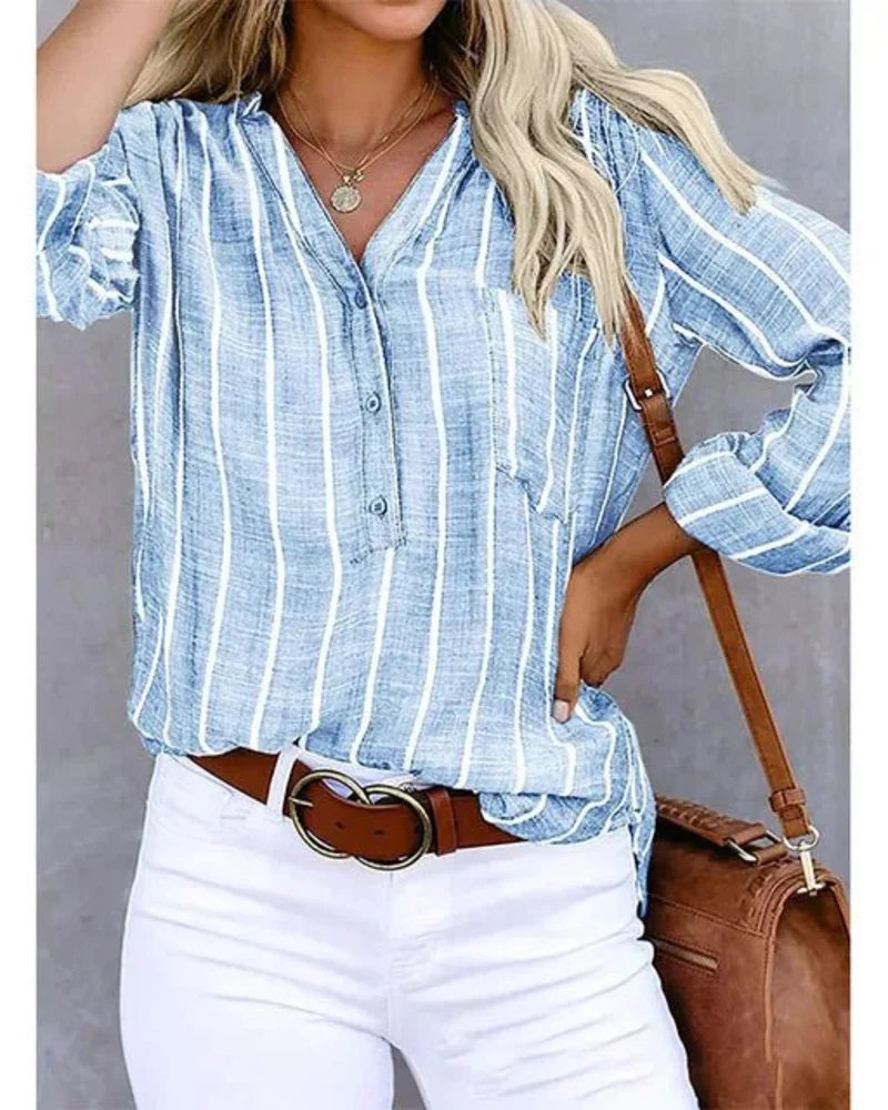 Tifanny Blouse Femme Ample – Haut Col V avec Boutons, Manches Retroussées & Style Casual
