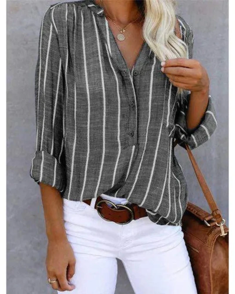 Tifanny Blouse Femme Ample – Haut Col V avec Boutons, Manches Retroussées & Style Casual