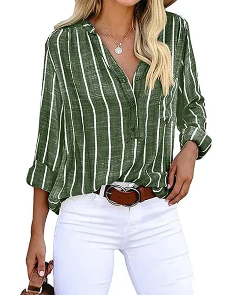 Tifanny Blouse Femme Ample – Haut Col V avec Boutons, Manches Retroussées & Style Casual