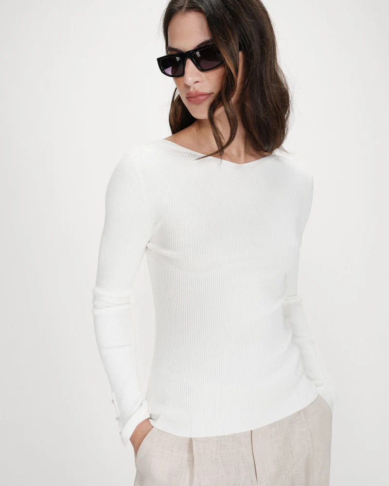 Cardigan ajusté col V manches longues ivoire Volage
