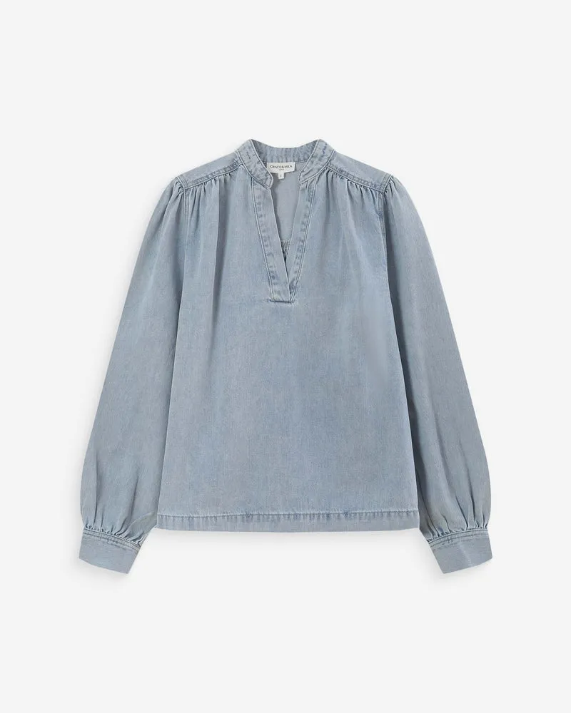 Blouse droite en denim manches longues skyblue Valory