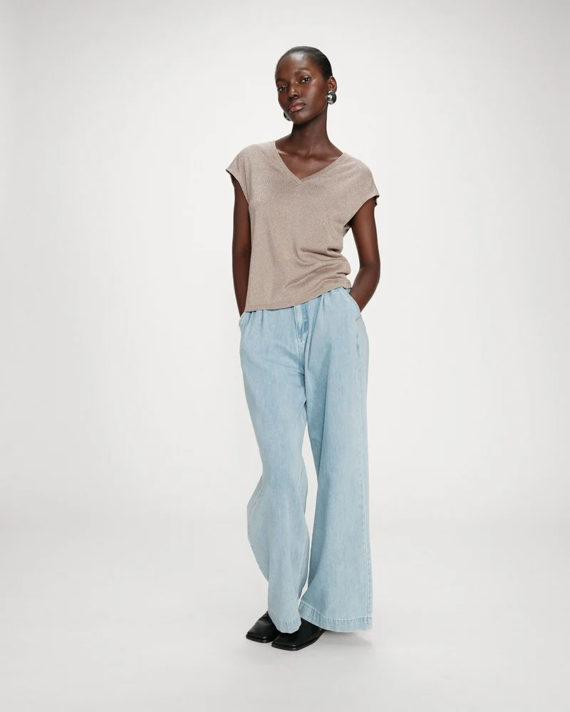 Top col V manches courtes en lurex grege Valsons