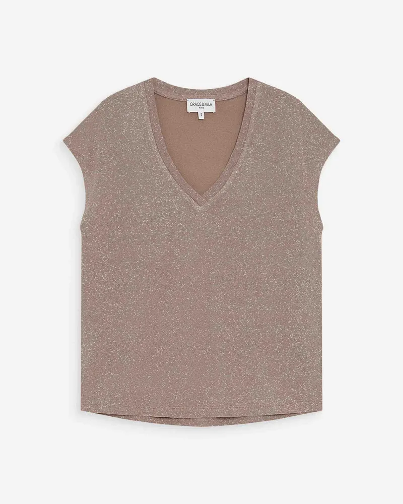 Top col V manches courtes en lurex grege Valsons