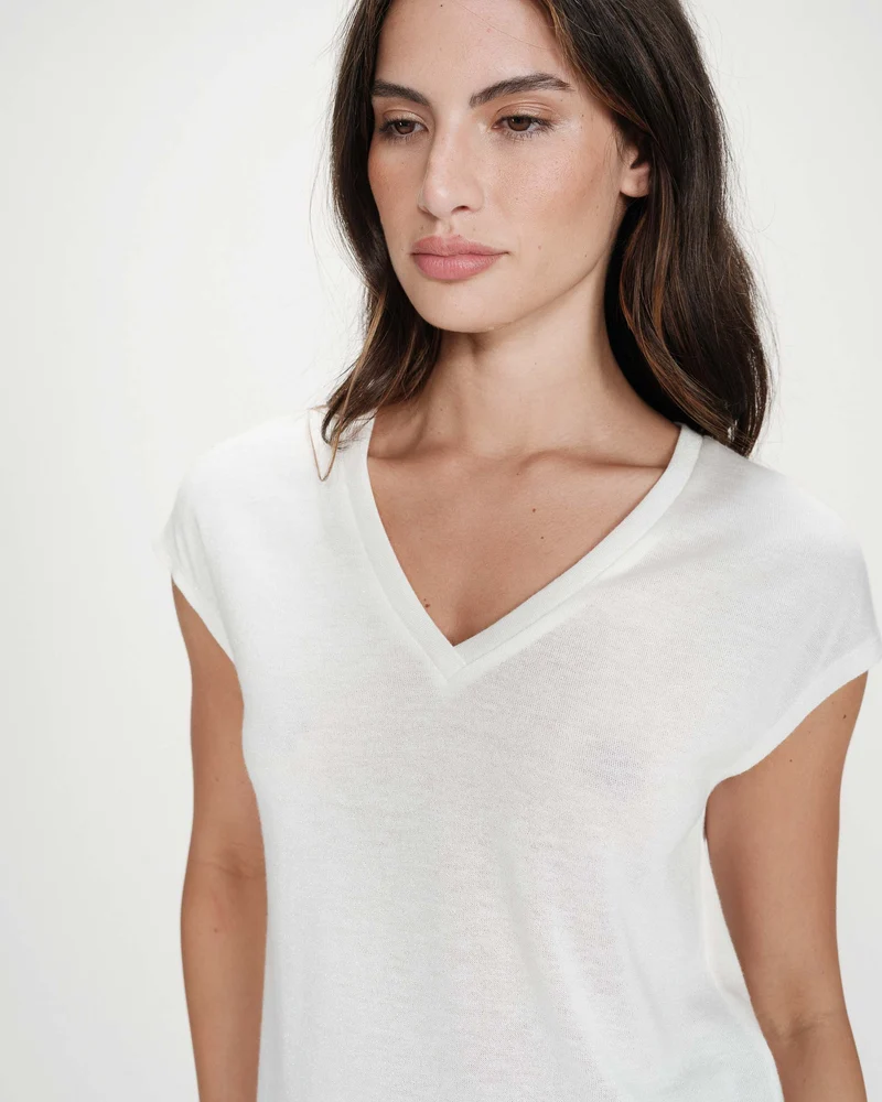 Top col V manches courtes en lurex ivoire Valsons