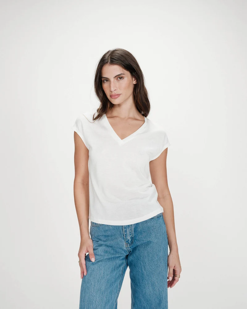 Top col V manches courtes en lurex ivoire Valsons