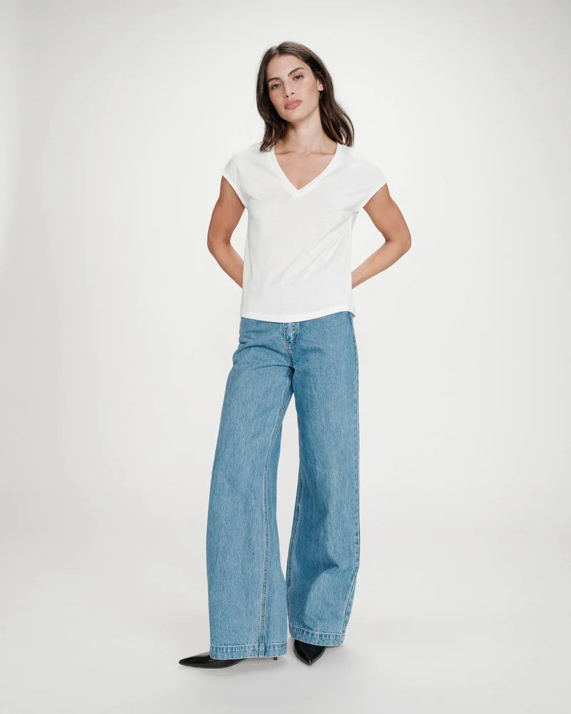Top col V manches courtes en lurex ivoire Valsons
