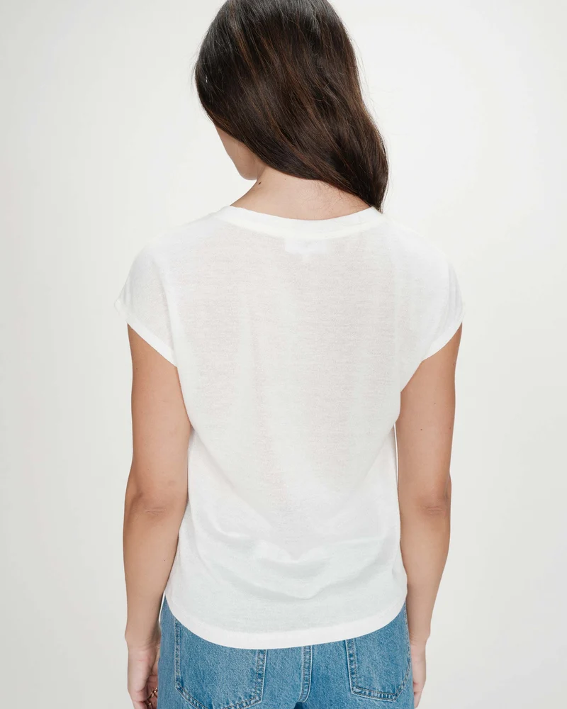 Top col V manches courtes en lurex ivoire Valsons