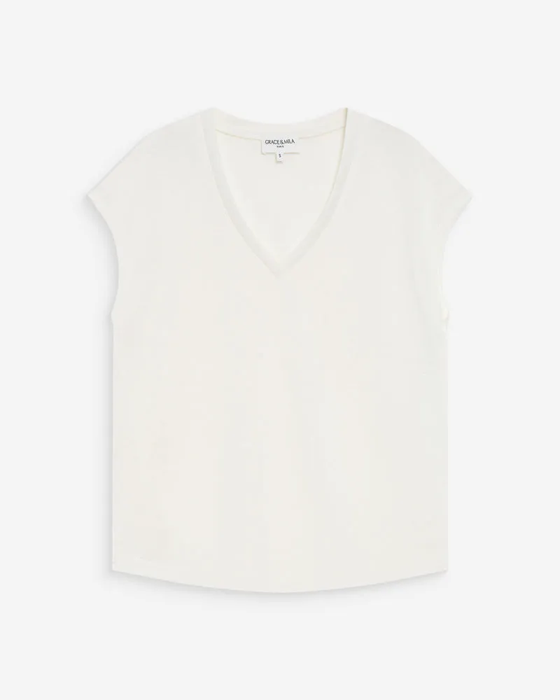 Top col V manches courtes en lurex ivoire Valsons