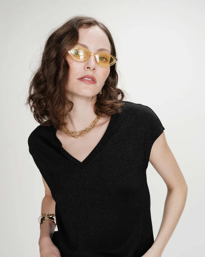 Top col V manches courtes en lurex noir Valsons