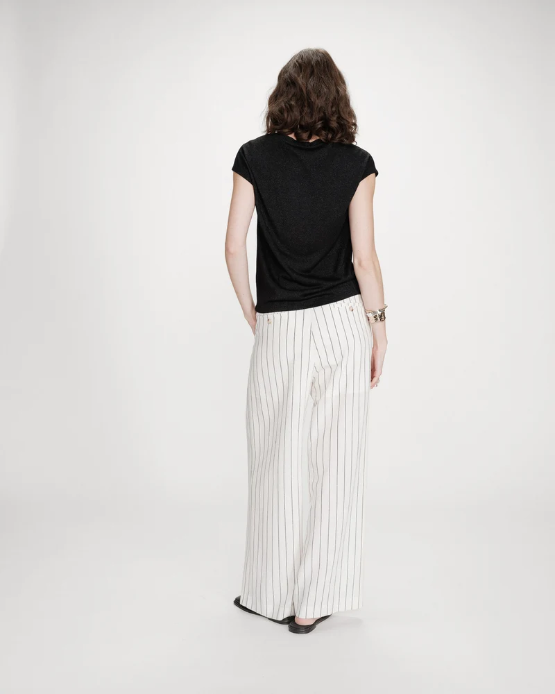Top col V manches courtes en lurex noir Valsons