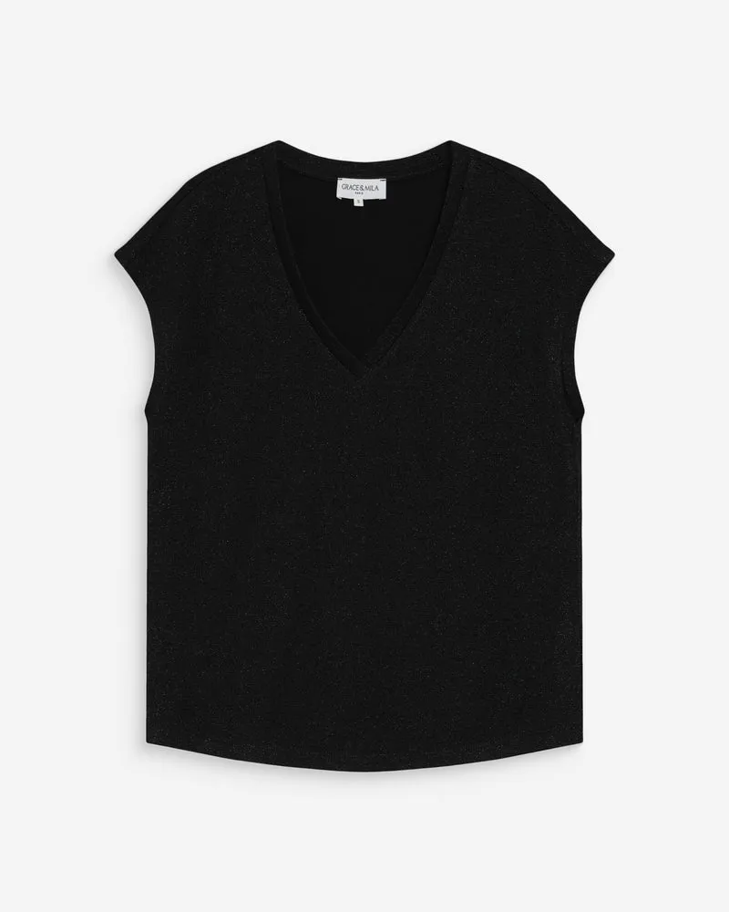 Top col V manches courtes en lurex noir Valsons